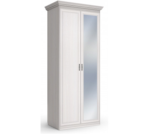 Шкаф 2-х дверный с глухой дверью и зеркальной Неаполь Ясень анкор светлый (патина "серебро")