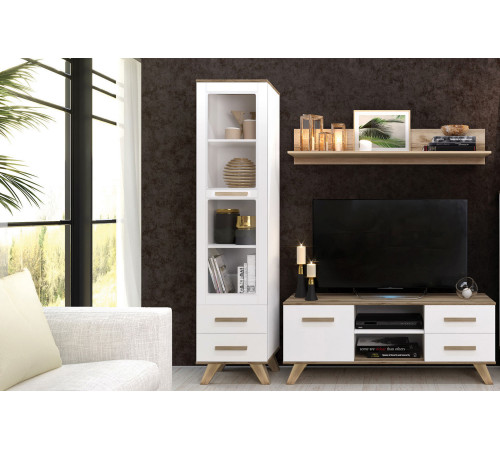 Шкаф-витрина 450 Вега Скандинавия (глянец, белый + дуб каньон)