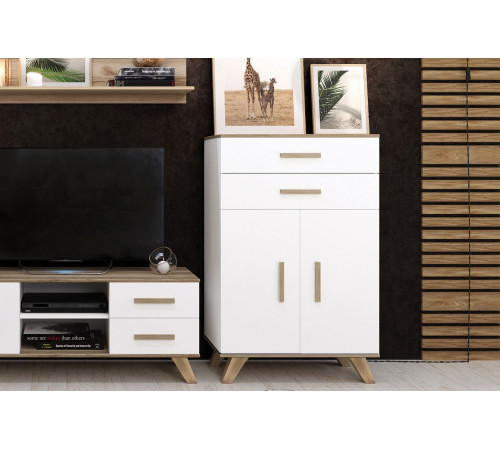 Шкаф низкий Вега Скандинавия (глянец, белый + дуб каньон)